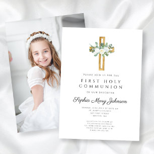 White Floral Cross Girl First Communion Photo Invitation