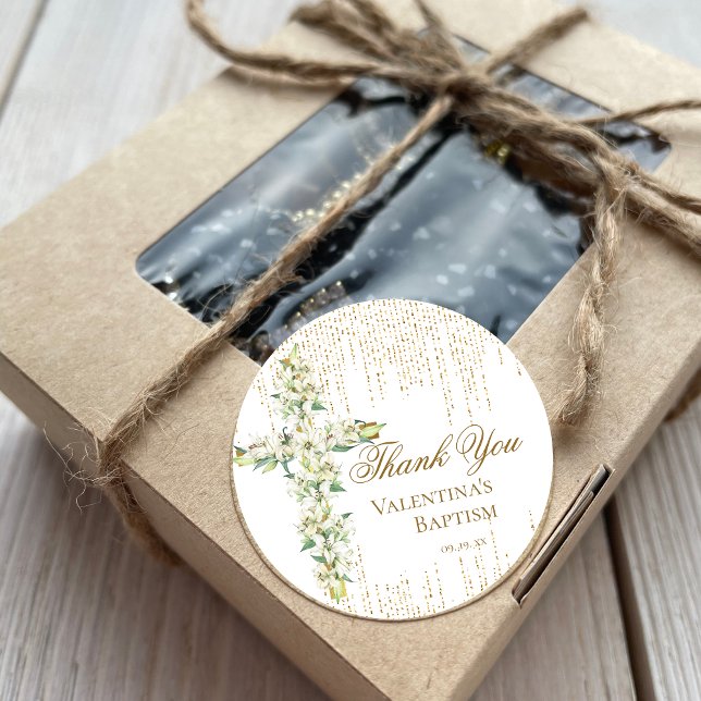 White Floral Cross Gold Glitter Script Thank You Classic Round Sticker (Creator Uploaded)