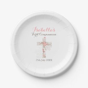 White floral cross name girl first communion paper plate