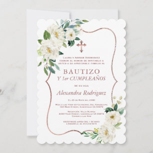 White Floral Cross Spanish 1st Birthday Baptism  Invitation
