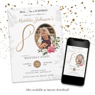 White Floral Custom Photo 80th Surprise Birthday  Invitation