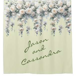 White Floral Customised Wedding Banner Shower Curtain