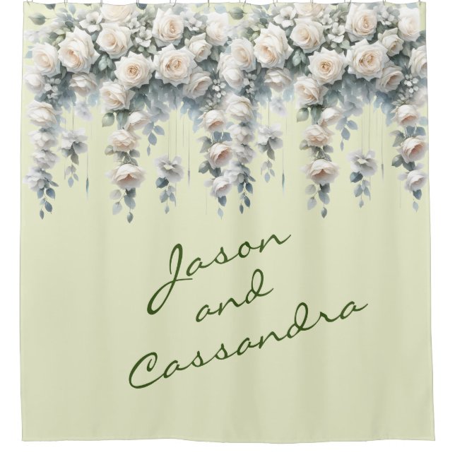 White Floral Customised Wedding Banner Shower Curtain (Front)