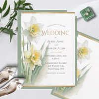 White Floral Daffodils Watercolors  Modern Wedding