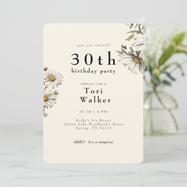 White Floral Daisies Cream Rounded Birthday Party Invitation (Standing Front)