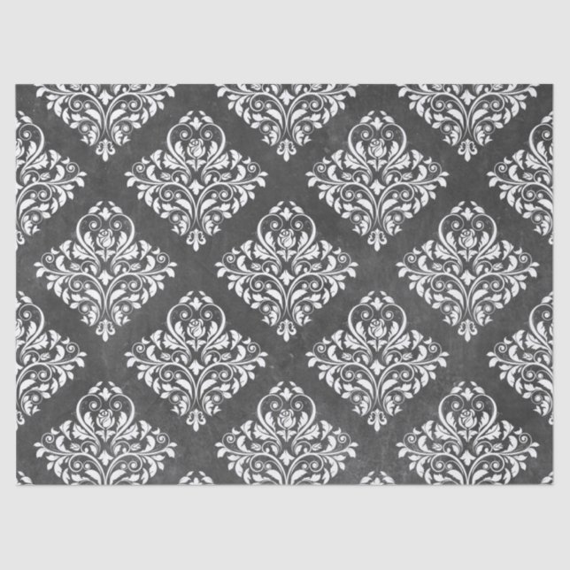 White Floral Damask on Grey Decoupage Tissue Paper (Front)