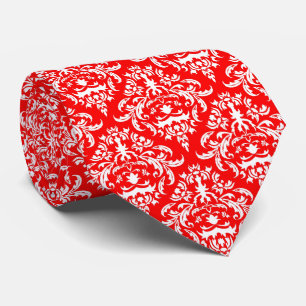 White Floral Damask Over Red Background Tie