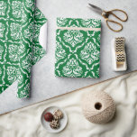 White Floral Damask Pattern On Green Wrapping Paper<br><div class="desc">White vintage floral damask pattern with a custom Christmas green background. You can easily change the green background to any colour you like with the white damask to match the colours of your event.</div>