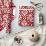 White Floral Damask Pattern On Red Wrapping Paper<br><div class="desc">White vintage floral damask pattern with a custom Christmas red background. You can easily change the red background to any colour you like with the white damask to match the colours of your event.</div>