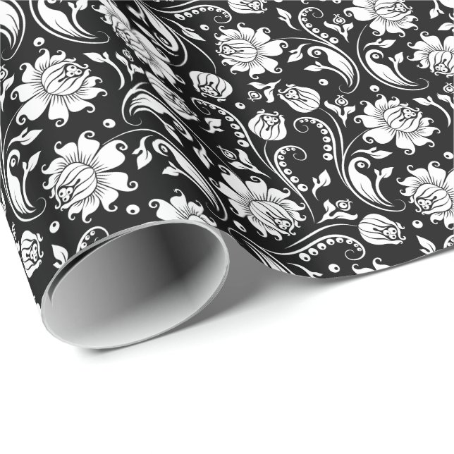 White Floral Damasks Black Background Wrapping Paper (Roll Corner)