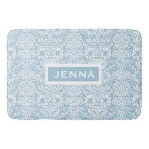 White Floral Damasks Custom Baby Blue Background Bath Mat