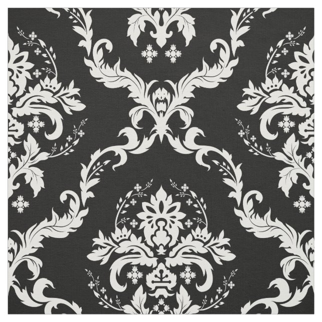 White Floral Damasks Custom Black Background Fabric (Swatch)