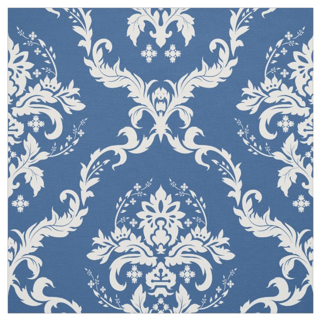 White Floral Damasks Custom Blue Background Fabric (Swatch)