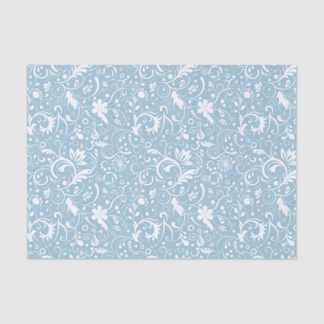 White Floral Damasks Custom Blue Background Tissue Paper (Front)
