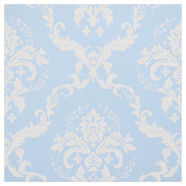 White Floral Damasks Custom Light Blue Background Fabric (Swatch)