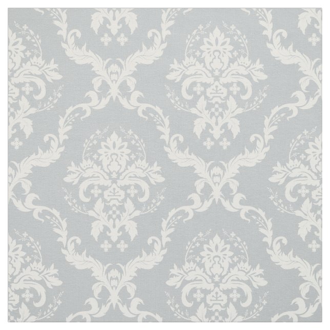 White Floral Damasks Custom Light Grey Background Fabric (Swatch)