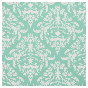 White Floral Damasks-Custom Mint Background Fabric
