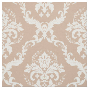 White Floral Damasks Custom Tan Background Fabric