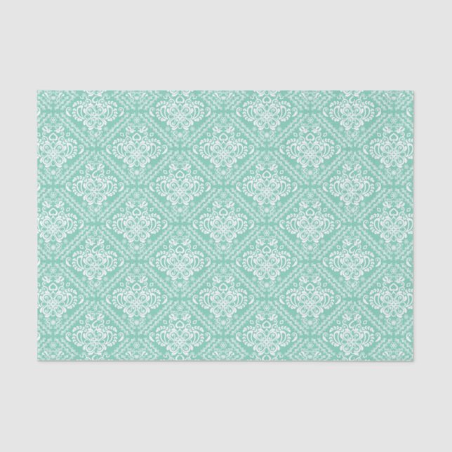 White Floral Damasks & Mint-Green Background Tissue Paper (Front)