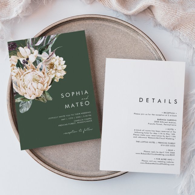 White Floral | Dark Green All In One Wedding Invitation (Creator Uploaded)