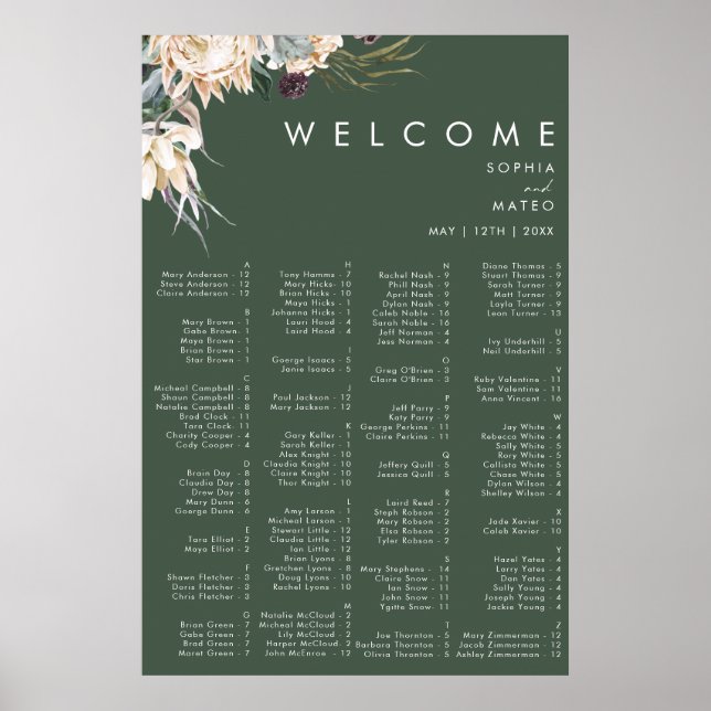 White Floral Dark Green Alphabetical Seating Chart (Front)