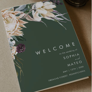 White Floral   Dark Green Folded Wedding Program