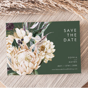 White Floral   Dark Green Horizontal Save The Date