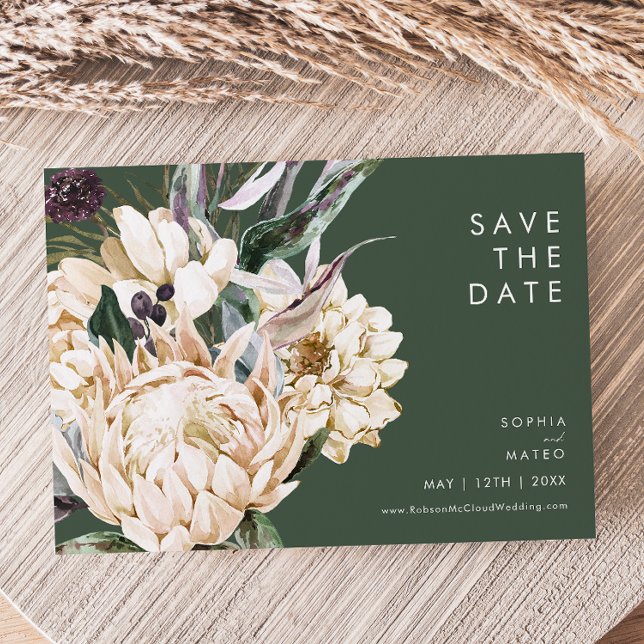 White Floral | Dark Green Horizontal Save The Date (Creator Uploaded)