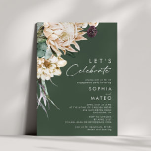White Floral Dark Green Let's Celebrate Invitation
