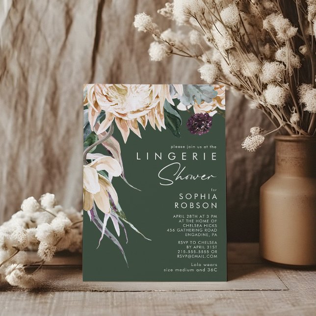 White Floral | Dark Green Lingerie Shower Invitation (Creator Uploaded)