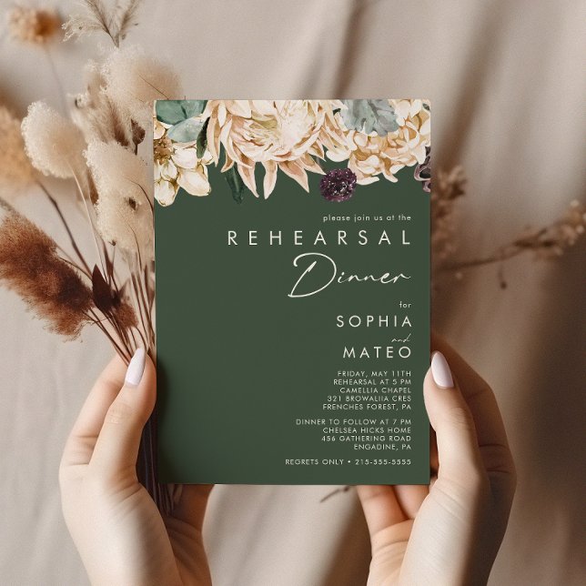 White Floral | Dark Green Rehearsal Dinner Invitation (Creator Uploaded)