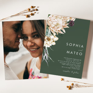 White Floral Dark Green Traditional Photo Wedding Invitation