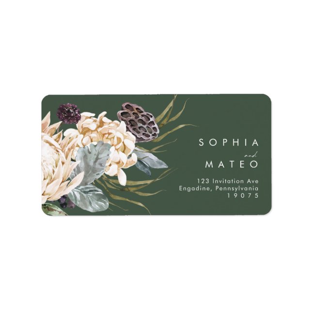 White Floral | Dark Green Wedding RSVP Address Label (Front)