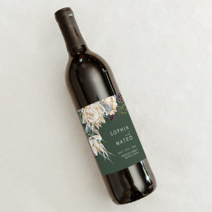 White Floral Dark Green Wedding Wine Label