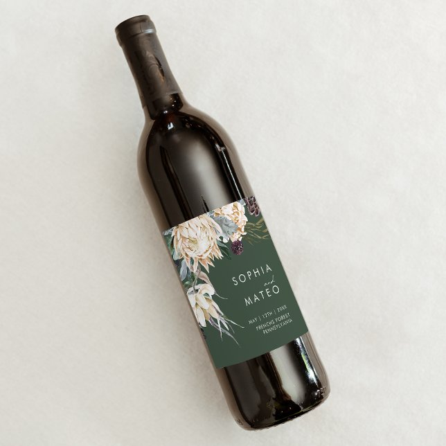 White Floral | Dark Green Wedding Wine Label (Creator Uploaded)