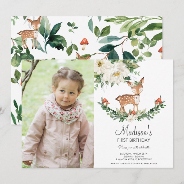 White Floral Deer Fawn Woodland Birthday Photo Invitation (Front/Back)