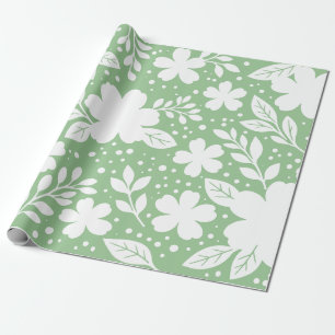White Floral Design on a Soft Green Background Wrapping Paper