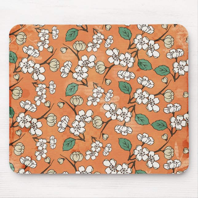 White Floral Design on Orange Mouse Pad (Front)