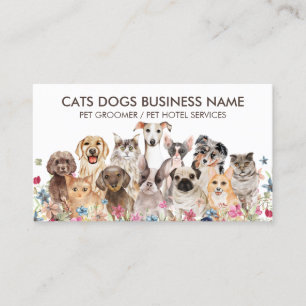 White Floral Design with Cats Dogs Business Card
