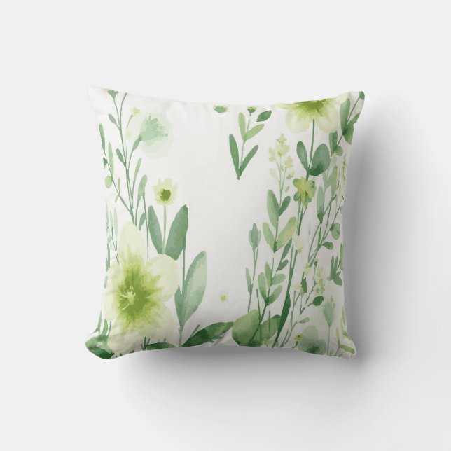 White Floral Design with Green Botanical Pattern Cushion (Front)