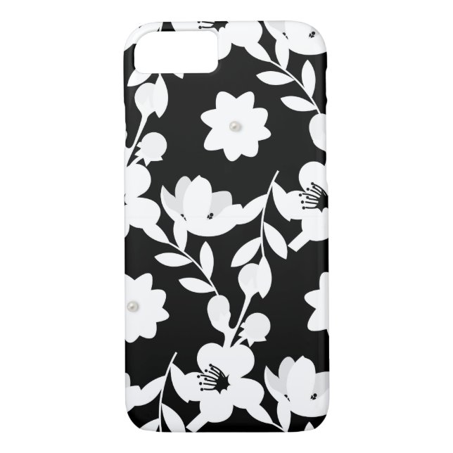 white floral design with pearl on black Case-Mate iPhone case (Back)