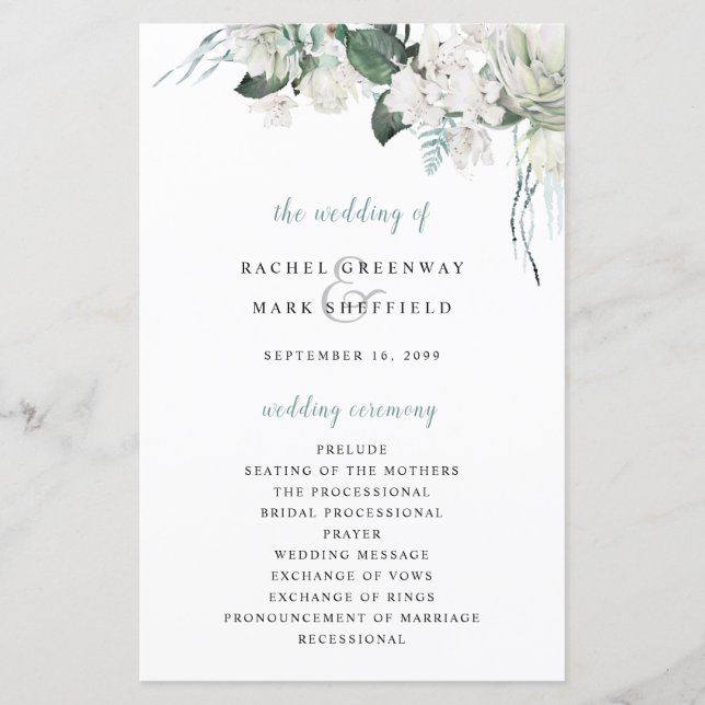 White Floral Dusty Blue Sage Green Wedding Program (Front)