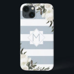 White Floral Dusty Blue Striped Framed Monogram iPhone 13 Case<br><div class="desc">White Floral Dusty Blue Striped Framed Monogram Design. Trendy and stylish, just add your personalised initial letter. Makes a modern an classy gift for her, moms, grandmothers, aunts, girlfriends, and more. This Feminine Elegant and girly look pairs Dusty Blue Grey and white horizontal stripes, with vintage white roses, flowers, and...</div>