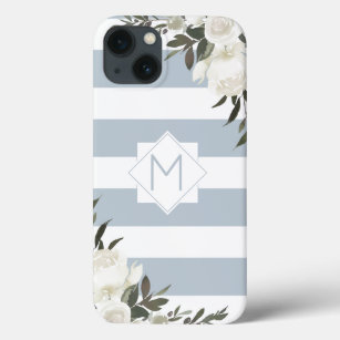 White Floral Dusty Blue Striped Framed Monogram iPhone 13 Case
