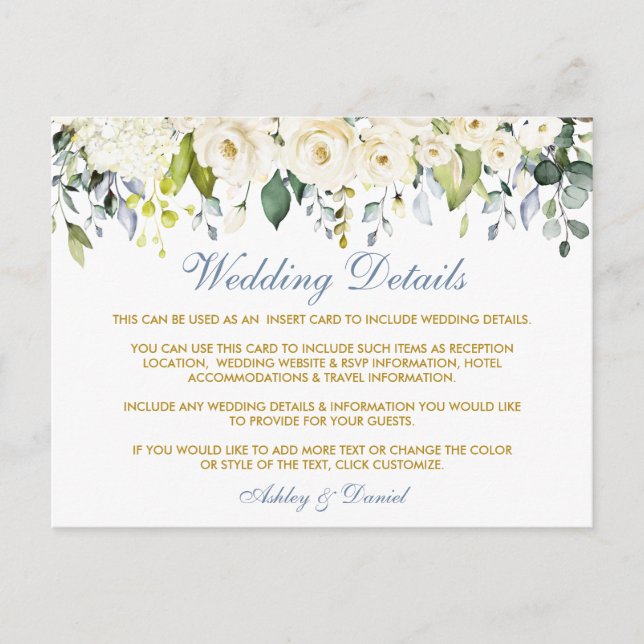 White Floral Dusty Blue Wedding Details Card (Front)