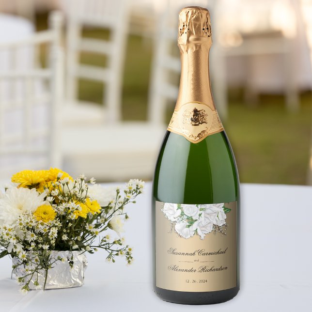 White Floral Elegance and Gold Wedding  Sparkling Wine Label (Creator Uploaded)