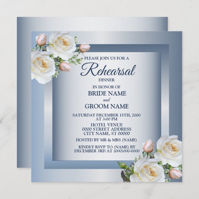 White Floral Elegant Blue Gray Rehearsal Dinner Invitation (Front/Back)