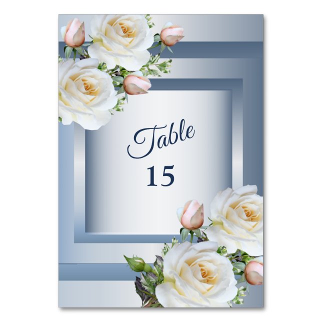 White Floral Elegant Blue Gray Table Number (Front)