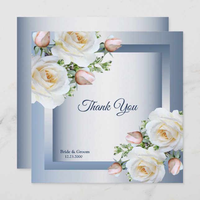 White Floral Elegant Blue Gray Thank You Card (Front/Back)