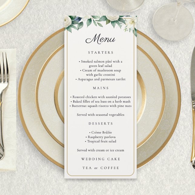 White Floral Elegant Botanical Watercolor Wedding Menu (A wedding menu card with white flowers, greenery, faux gold border, script title and custom text)